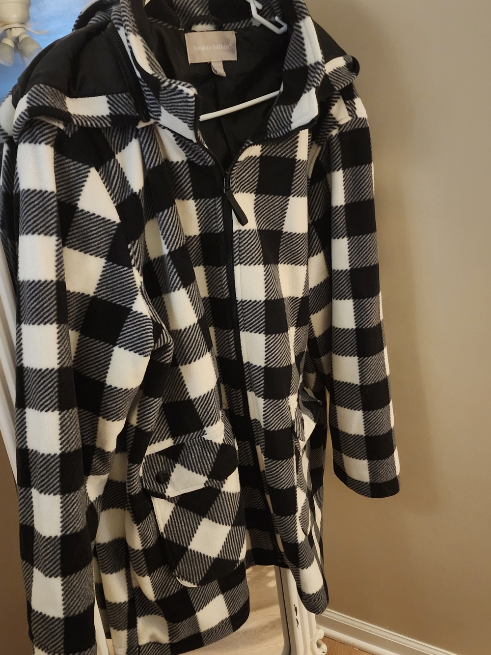 Woman Within Black & White Plaid Hooded Pea Coat